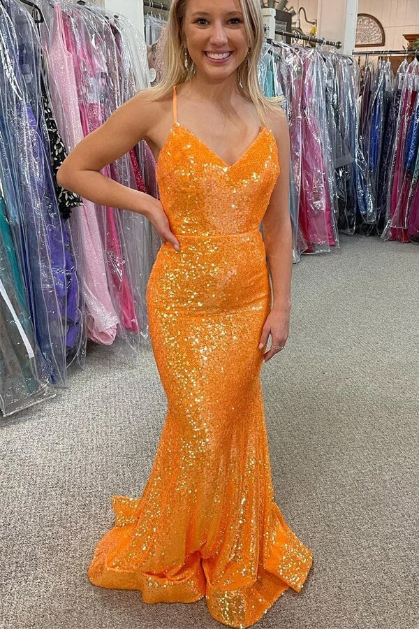 Robes de bal longues formelles à col en V, sirène, ornées de paillettes orange scintillantes