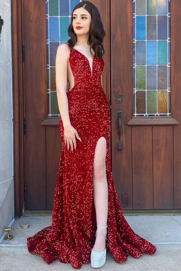 Robes longues de bal à paillettes rouges étincelantes, col en V sirène avec fente haute