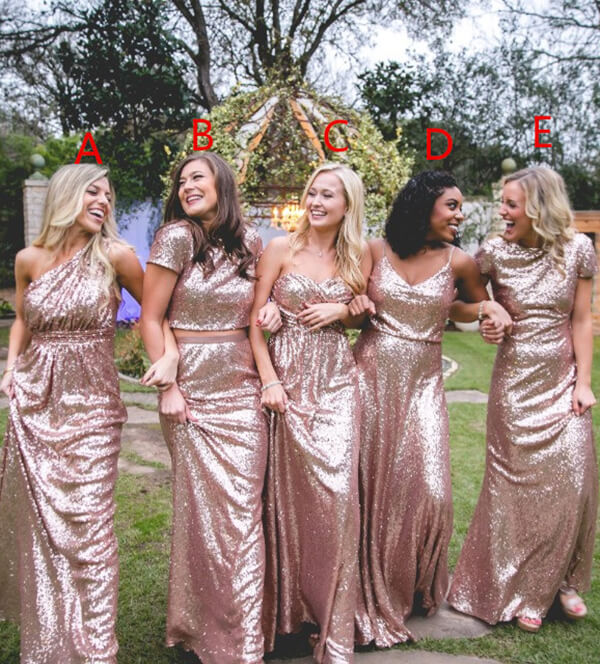 Robes de demoiselle d'honneur longues jusqu'au sol en sequins dépareillés or rose scintillants