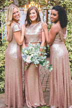 Robes de demoiselle d'honneur longues jusqu'au sol en sequins dépareillés or rose scintillants