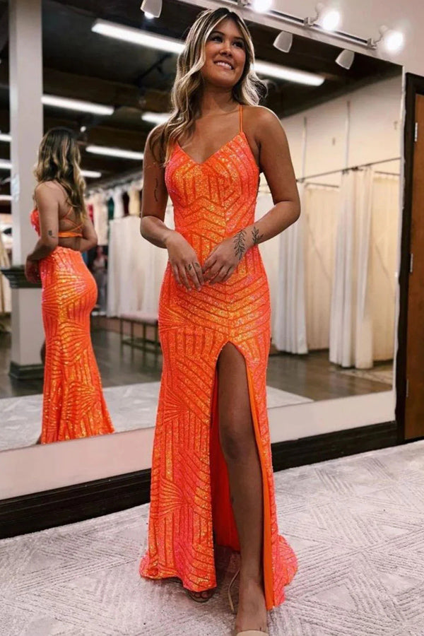 Sparkly Sequin Orange Long Glitter Prom  Dress With Split