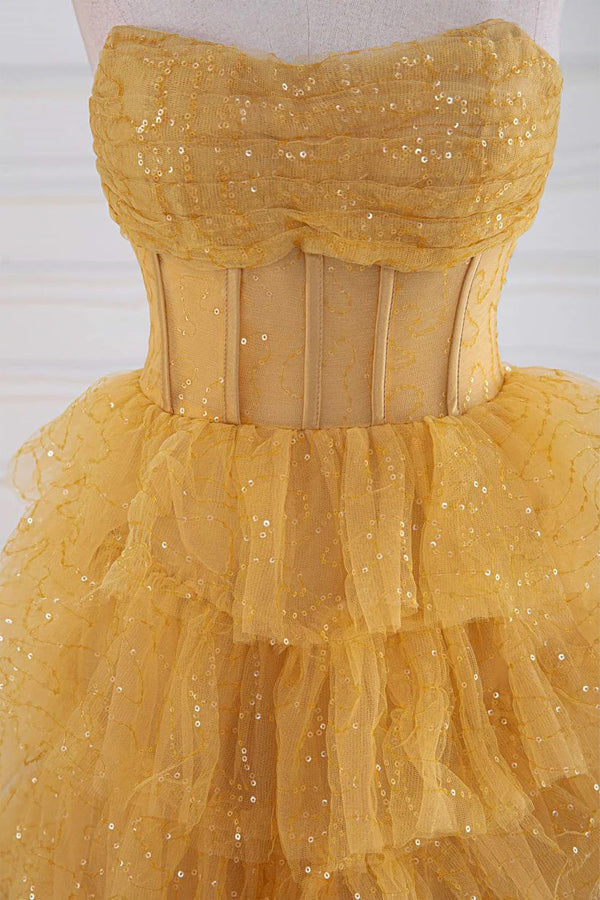 Robe de bal dorée à volants étagés scintillants, robe de soirée sans bretelles