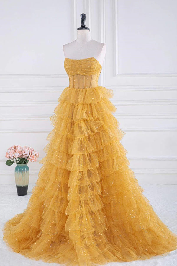 Robe de bal dorée à volants étagés scintillants, robe de soirée sans bretelles