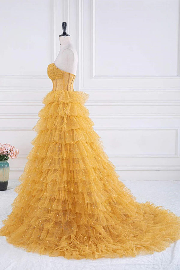 Robe de bal dorée à volants étagés scintillants, robe de soirée sans bretelles