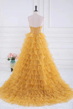 Robe de bal dorée à volants étagés scintillants, robe de soirée sans bretelles