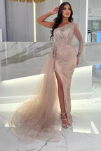 Vestidos de Baile com Tule, Manga Comprida, Ombro Único e Coluna Frontal Dividida com Apliques