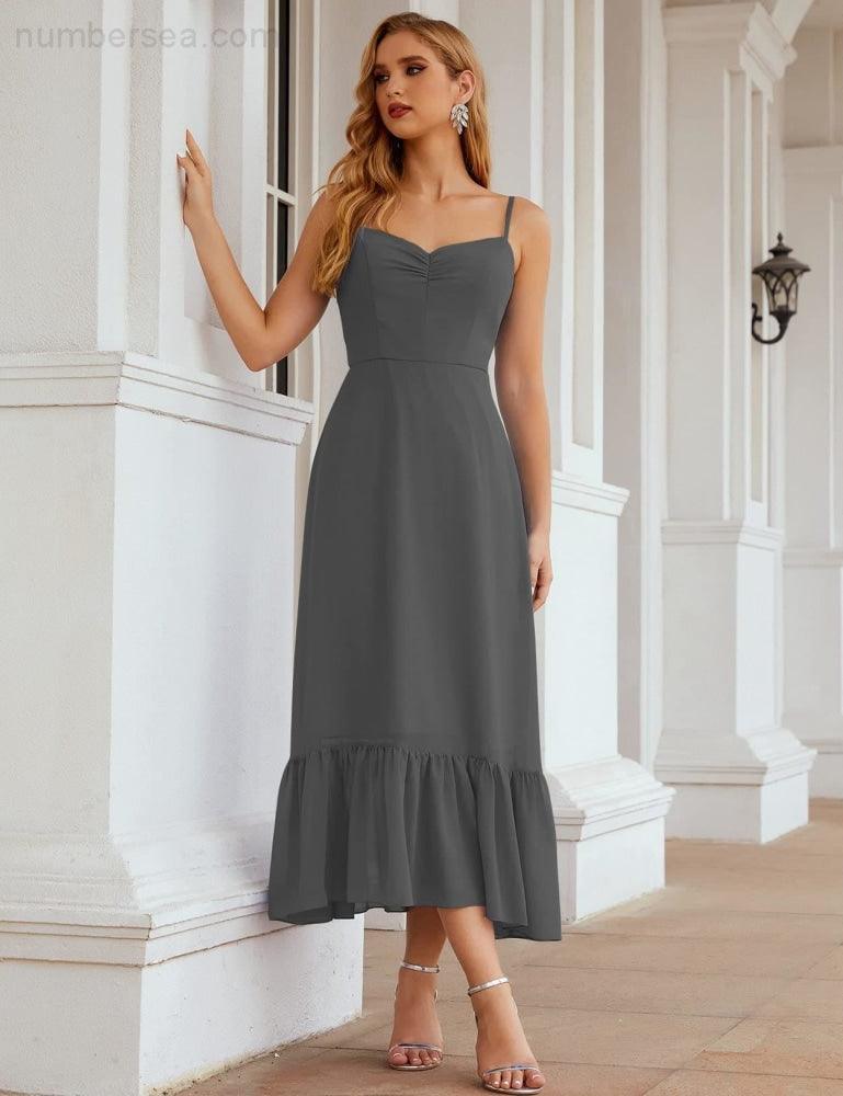 Numbersea Vestido de Dama de Honra em Chiffon com Alças Finas, Comprimento ao Tornozelo, Formal, Corte em A, para Cocktail e Festa de Regresso a Casa para Jovens SEA28028