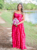 Yellow Strapless Chiffon Prom Dress With Tiered Ruffles