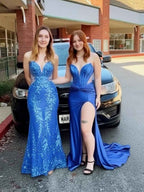 Royal Blue Strapless V Neck Beaded Long Prom Dress With Slit