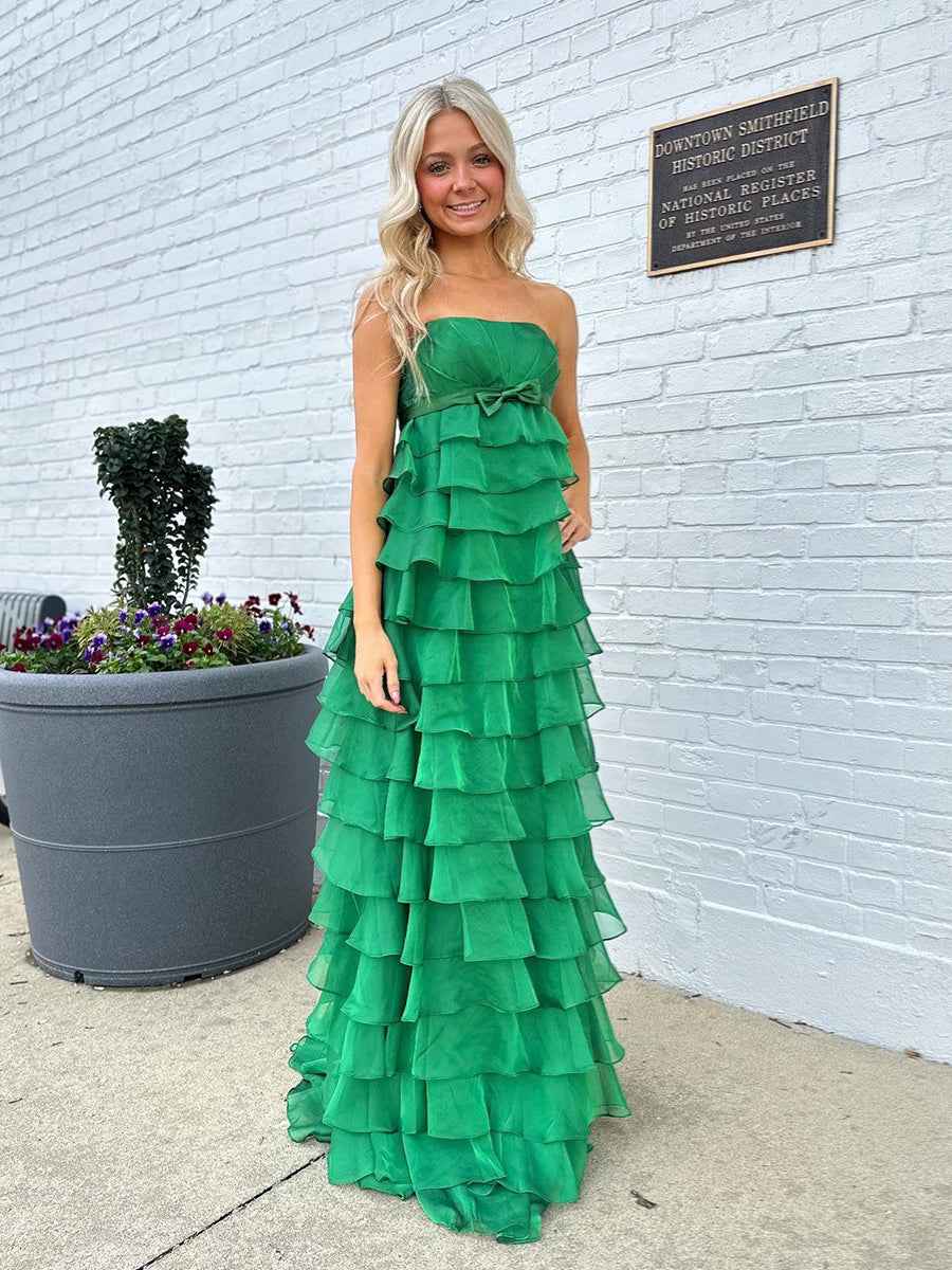 Yellow Strapless Chiffon Prom Dress With Tiered Ruffles