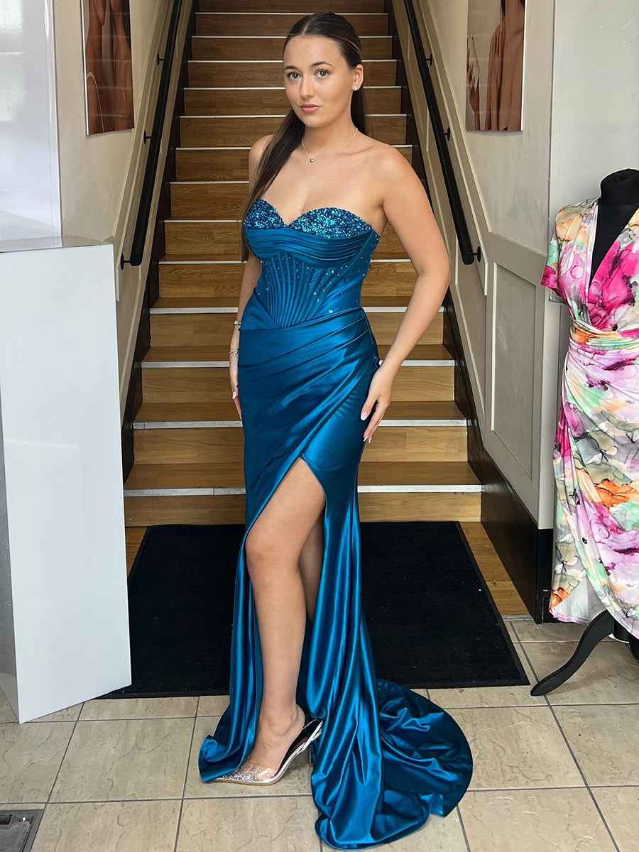 Sage Green Strapless Corset Satin Prom Dress With High Slit And Crystals