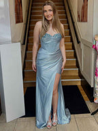 Sage Green Strapless Corset Satin Prom Dress With High Slit And Crystals