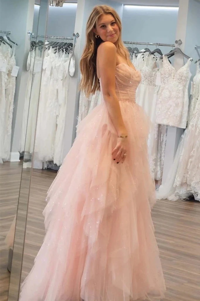 Strapless Light Pink Sequin Beaded Tulle Stunning Prom Dress