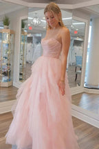 Strapless Light Pink Sequin Beaded Tulle Stunning Prom Dress
