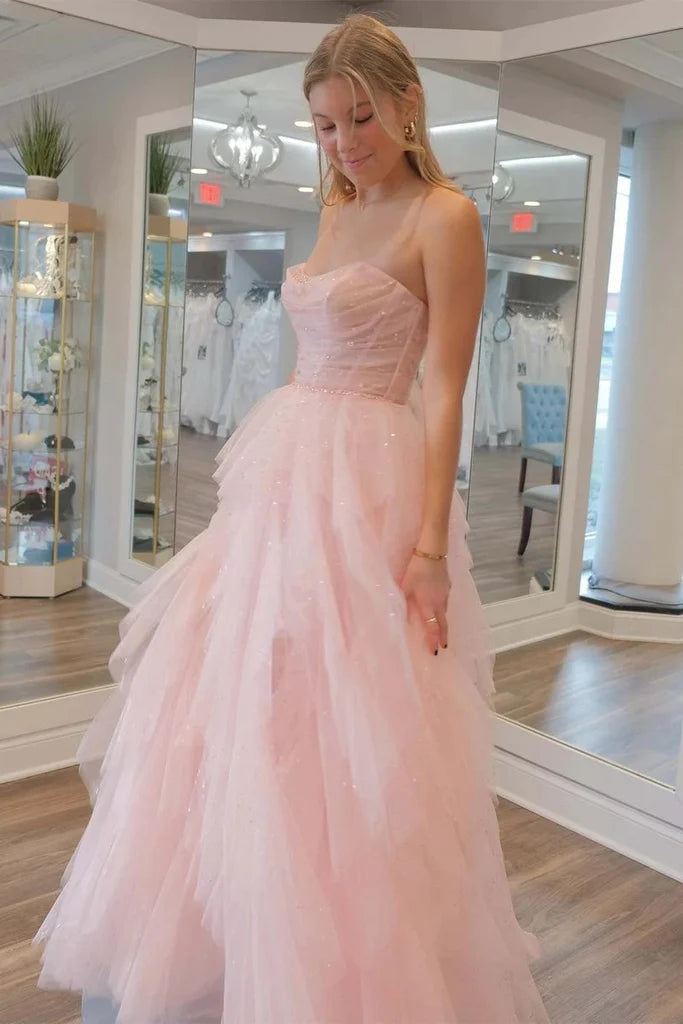 Strapless Light Pink Sequin Beaded Tulle Stunning Prom Dress