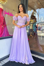 Vestido de Festa Longo em Tule Lilás Sem Alças, Corte em A, Comprimento ao Chão PSK408