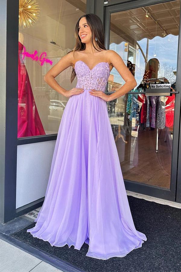 Vestido de Festa Longo em Tule Lilás Sem Alças, Corte em A, Comprimento ao Chão PSK408