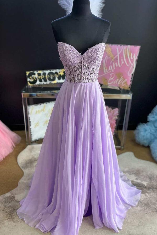 Vestido de Festa Longo em Tule Lilás Sem Alças, Corte em A, Comprimento ao Chão PSK408