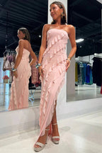 Vestido de Dama de Honra Rosa em Chiffon com Folhos e Sem Alças com Fenda BD121
