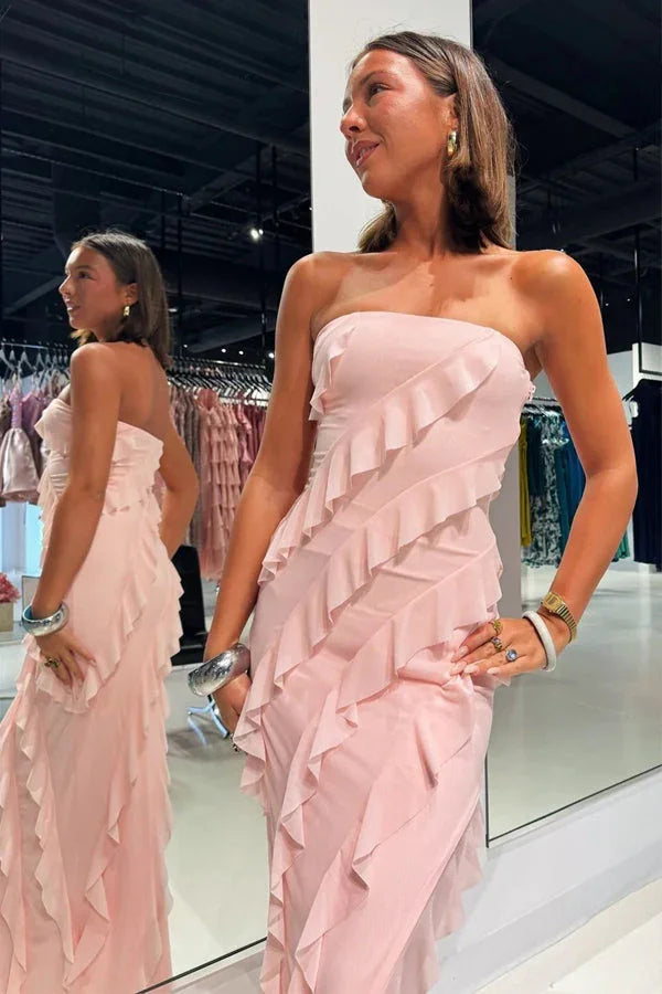 Vestido de Dama de Honra Rosa em Chiffon com Folhos e Sem Alças com Fenda BD121