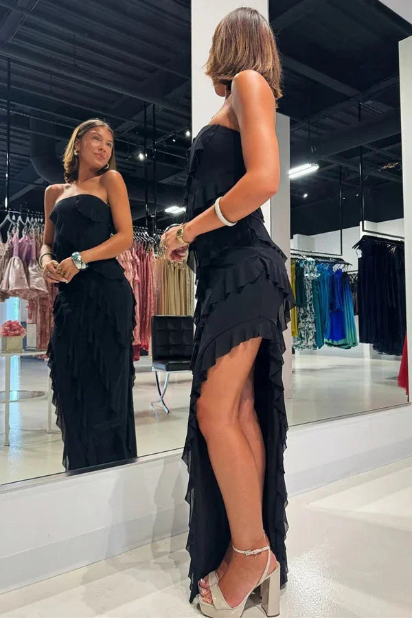 Vestido de Dama de Honra Rosa em Chiffon com Folhos e Sem Alças com Fenda BD121