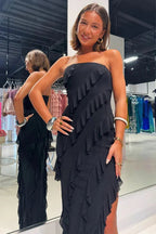 Vestido de Dama de Honra Rosa em Chiffon com Folhos e Sem Alças com Fenda BD121