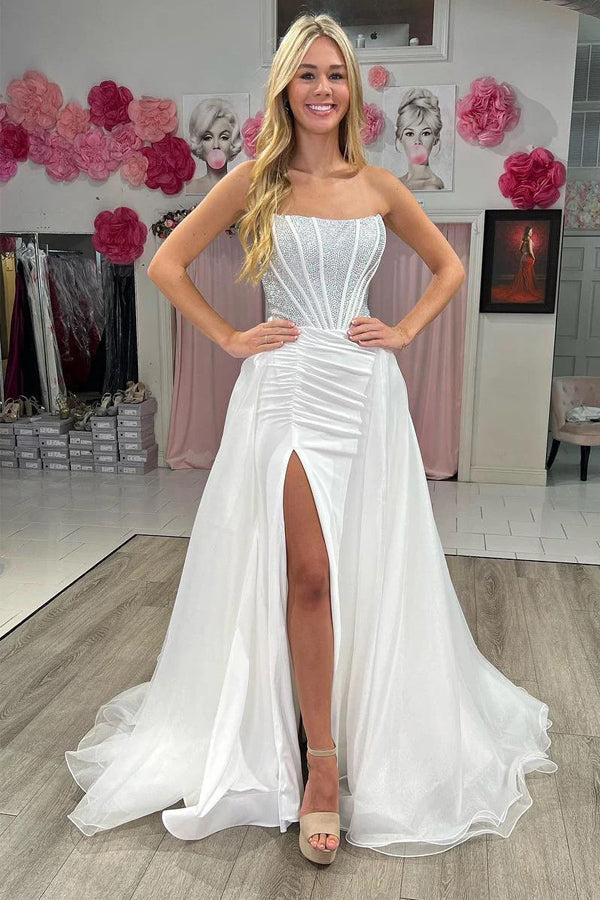 Strapless White Mermaid Long Prom Dresses With Beading