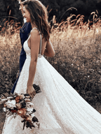 Straps Long Train A-line Lace Simple Rustic Backless Wedding Dress