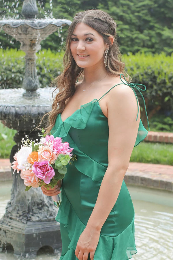 Straps Mermaid Ruffle Tiered Green Long Prom Dress With Slit