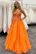 Deslumbrante Vestido de Baile Laranja Comprido em Linha A com Decote em V e Aplicações
