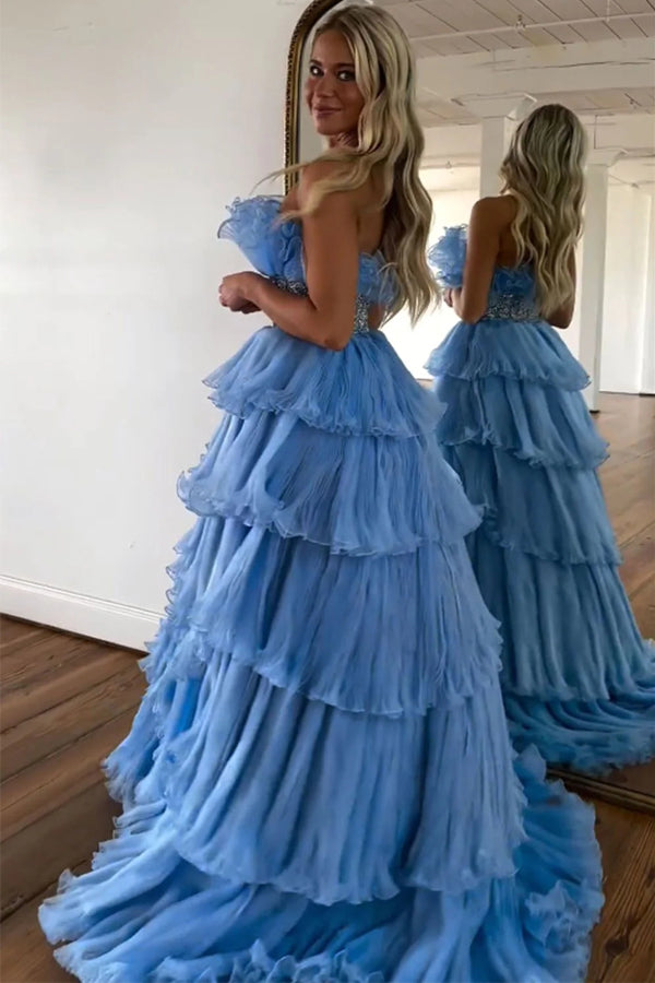 Vestido de Baile Comprido Azul Estiloso, Sem Alças, Corte em A, com Folhos em Camadas e Cinto PSK483