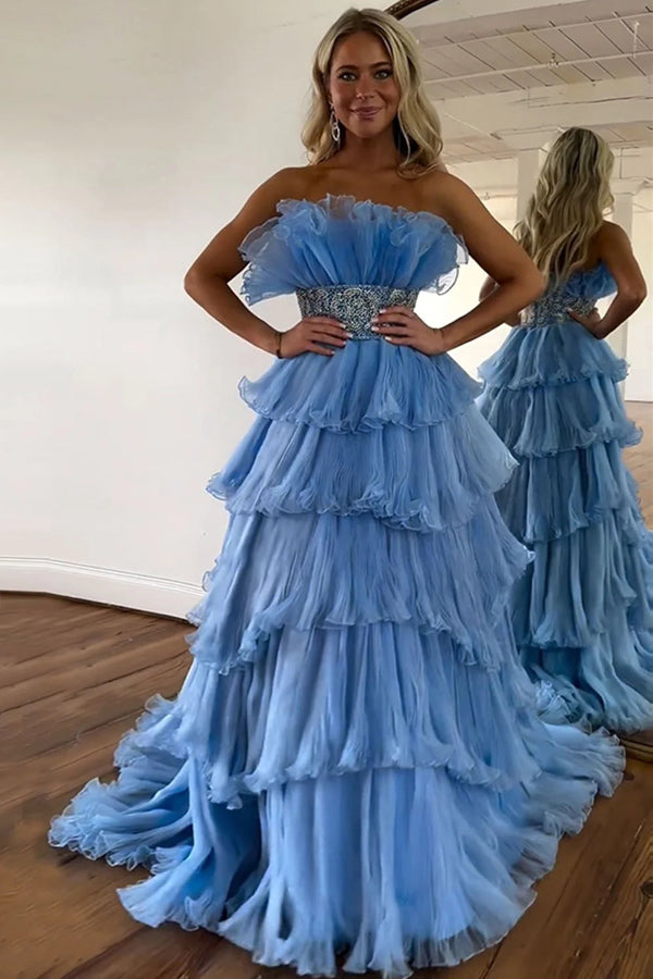 Vestido de Baile Comprido Azul Estiloso, Sem Alças, Corte em A, com Folhos em Camadas e Cinto PSK483