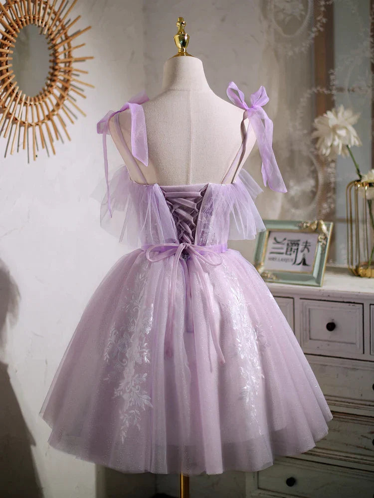 Süßes lila A-Linien-Kurzes Partykleid Homecoming-Kleid mit Schleife