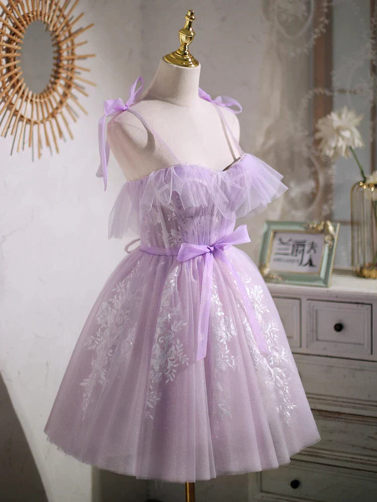 Süßes lila A-Linien-Kurzes Partykleid Homecoming-Kleid mit Schleife