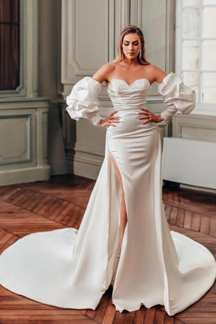 Robes de mariée à manches longues en satin, coupe trapèze, fendue devant, avec volants