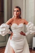 Robes de mariée à manches longues en satin, coupe trapèze, fendue devant, avec volants