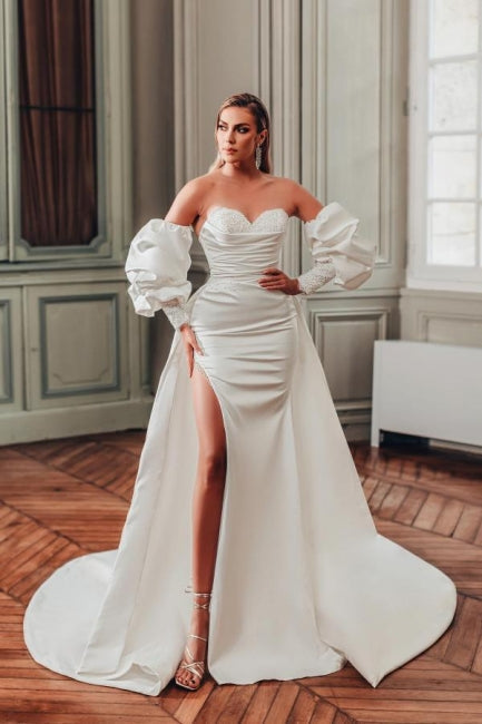 Robes de mariée à manches longues en satin, coupe trapèze, fendue devant, avec volants