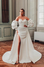 Robes de mariée à manches longues en satin, coupe trapèze, fendue devant, avec volants