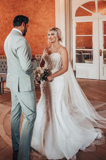 Abito da sposa sirena incantevole con spalline sottili in tulle e applicazioni