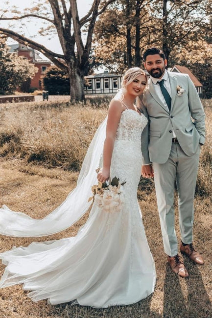 Abito da sposa sirena incantevole con spalline sottili in tulle e applicazioni