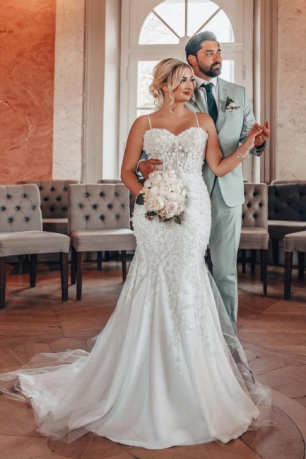 Abito da sposa sirena incantevole con spalline sottili in tulle e applicazioni