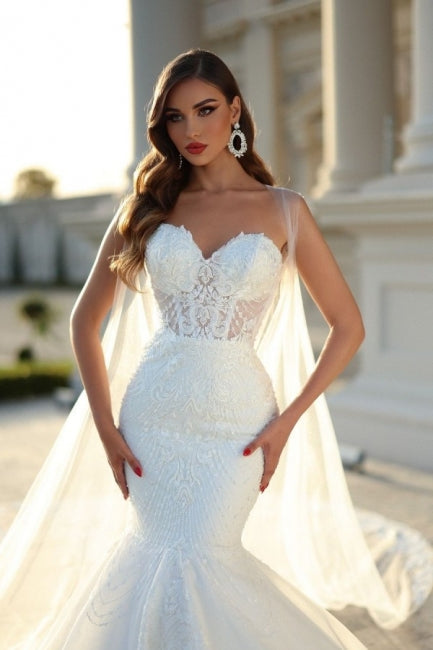 Robe de mariée blanche Sirène Cœur avec traîne de cour