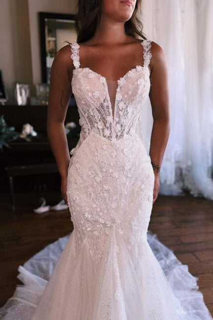 Abito da sposa bianco con pizzo a sirena cuore