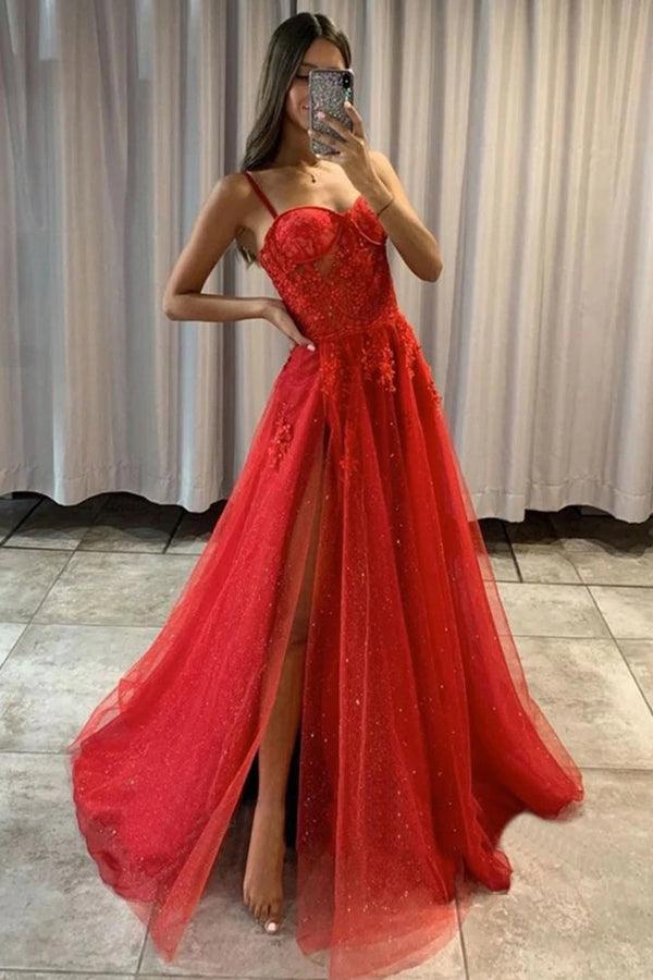Vestidos de baile forma A vermelhos com renda, tule cintilante e decote coração, vestidos formais