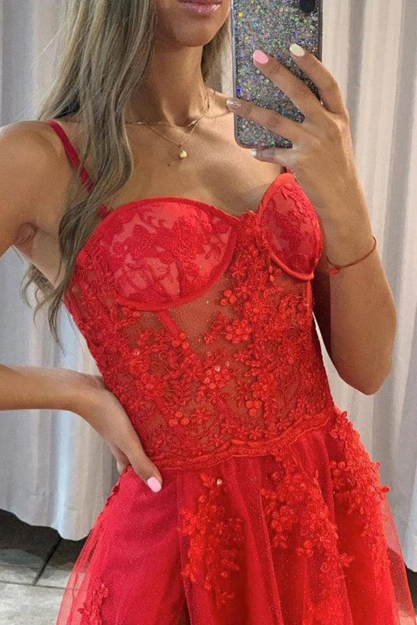 Vestidos de baile forma A vermelhos com renda, tule cintilante e decote coração, vestidos formais