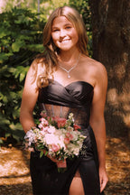 Vestido de fiesta largo con escote corazón y corsé negro con abertura PSK593