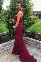 Vestido de fiesta de encaje burdeos con escote sirena y escote corazón, vestido de noche sin tirantes