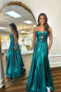 Sweetheart Metallic Pleated Emerald Green Long Prom Dress