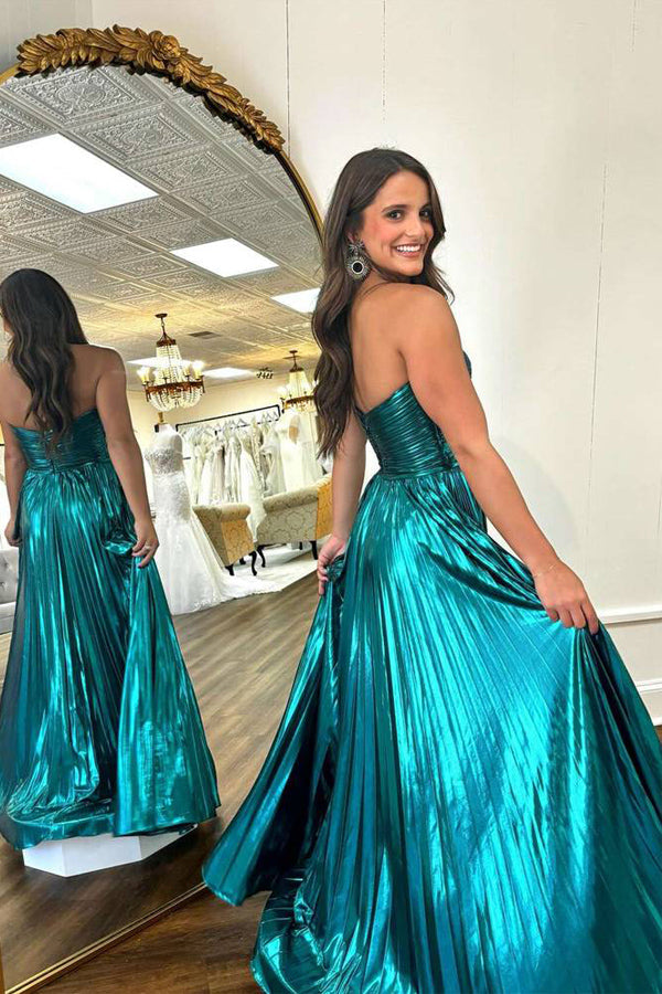 Sweetheart Metallic Pleated Emerald Green Long Prom Dress