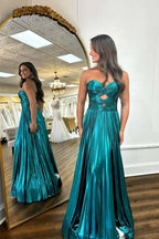Sweetheart Metallic Pleated Emerald Green Long Prom Dress